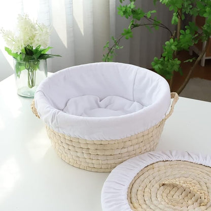 YAHUAN Round Bread Basket Serving Woven Bread Baskets Wicker Baskets Sourdough Proofing Basket with Removable Liner and Cover (Corn husk)