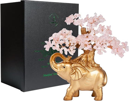 Rose Quartz Crystal Money Tree on Gold Mini Elephant Statue, 10”Gemstone Bonsai Tree of Life Home Décor Gifts for Wealth Positive Energy, Feng Shui Décor