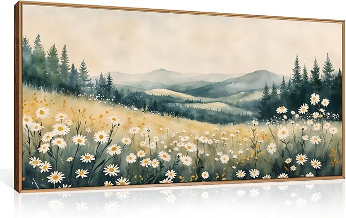 Large Misty Mountain Framed Canvas Wall Art,Nature Daisy Flower Wall Decor,Modern Foggy Forest Art Painting,Abstract Woodland Landscape Artwork for Living Room,Bedroom,Dining Room-20"x40"x1