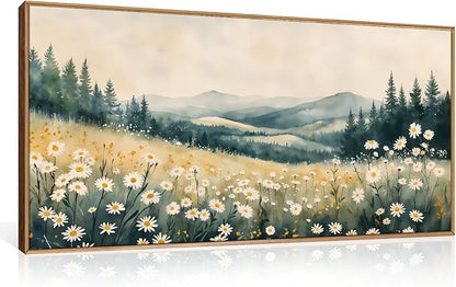 Large Misty Mountain Framed Canvas Wall Art,Nature Daisy Flower Wall Decor,Modern Foggy Forest Art Painting,Abstract Woodland Landscape Artwork for Living Room,Bedroom,Dining Room-20"x40"x1