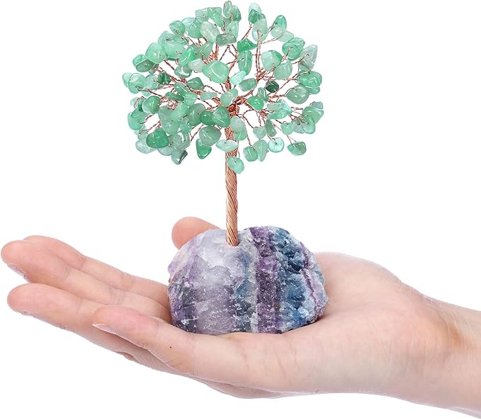 Jovivi Natural Green Aventurine Crystal Tree, Raw Healing Crystals Fluorite Base Bonsai Money Tree for Home Office Table Decor Wealth and Luck