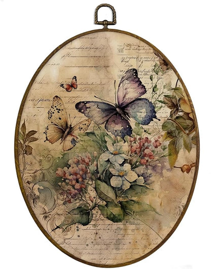 MAQIKA Farmhouse Butterfly Wildflower Oval Framed Wall Art Decor, Butterfly Wall Art, Butterflies Botanical Oval Wall Hanging Decor, Butterflies Canvas Wall Art for Kitchen Girls Room, 8.7x11.3 Inch