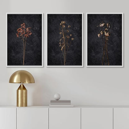 Ashbrook Framed Canvas Print Wall Art Set Dark Moody Wildflowers Nature Wilderness Illustrations Modern Art Decorative Floral Botanical Minimal Calm/Relax/Cozy for Bedroom - 16"x24"x3 White