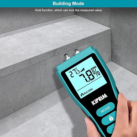 Kiprim Pin-Type Moisture Meter for Wood, Wall, Packing, Building – Digital Moisture Detector with LCD Display, Temperature (°C/°F), Hold Function, 4 Material Modes, Replacement Pins Included WM02