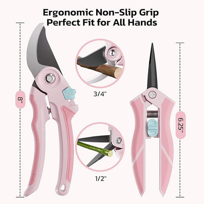 NEXON Garden Pruning Shears 2 Pack, 8" Bypass Hand Pruner & 6.25" Precision Garden Scissors, Professional Garden Clippers for Plants and Flowers Pink