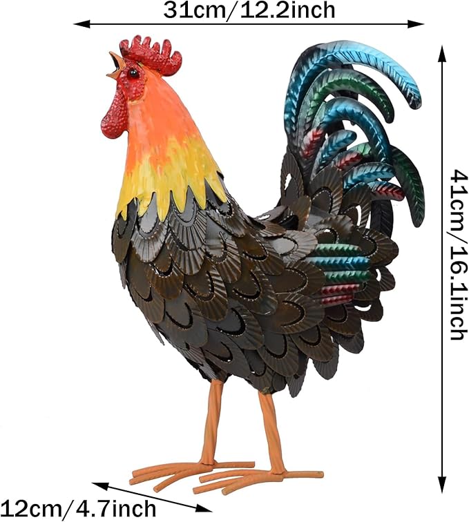 Metal Rooster Statues, Garden Chicken Decorations, Outdoor Chicken Sculptures, Metal Yard Rooster Artwork for Yard Farm Patio Lawn Porch Kitchen Decoration (Brown)