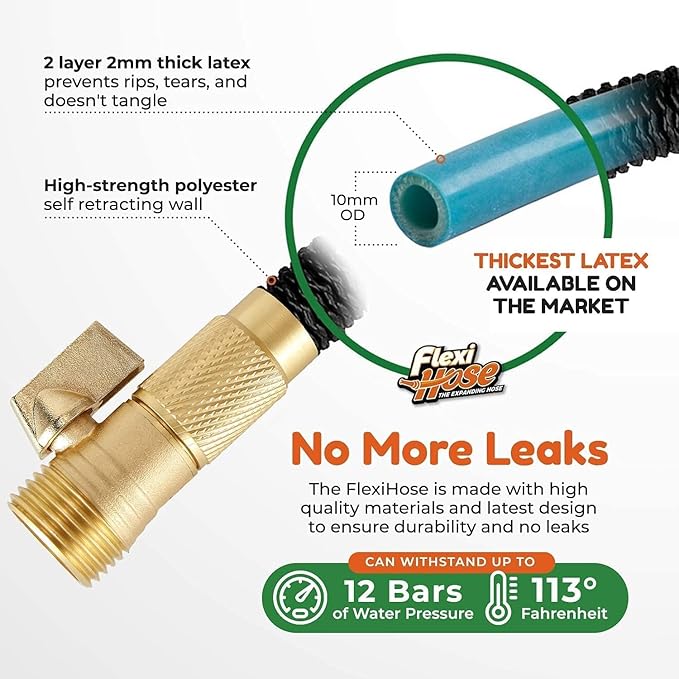 Flexi Hose Plus Expandable Garden Hose with 8 Function Nozzle, 50FT - Lightweight Retractable Garden Hose, Water Hose - No-Kink Flexibility, 3/4 Inch Solid Brass Fittings Includes Hook & Bag