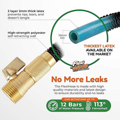 Flexi Hose Plus Expandable Garden Hose with 8 Function Nozzle, 50FT - Lightweight Retractable Garden Hose, Water Hose - No-Kink Flexibility, 3/4 Inch Solid Brass Fittings Includes Hook & Bag