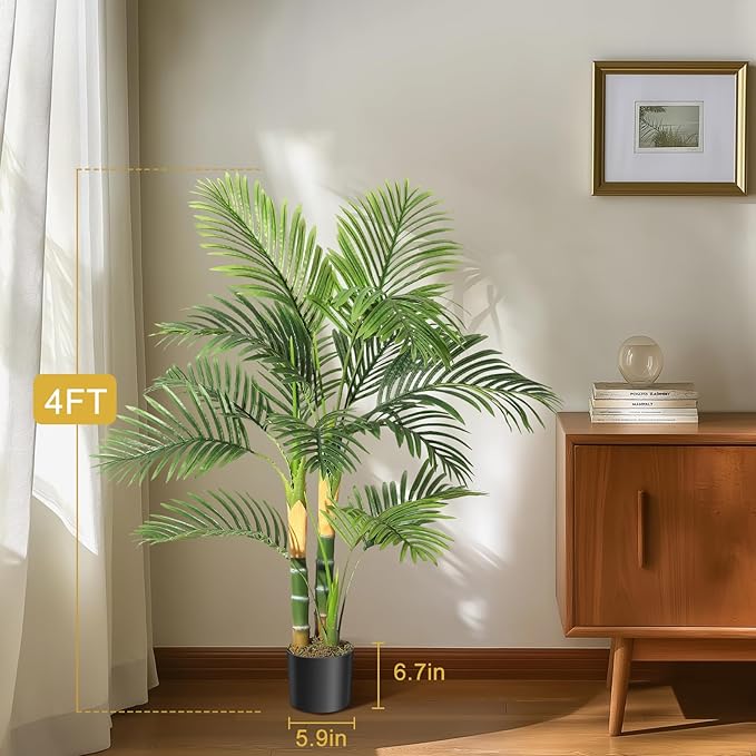 GarveeHome 2 PCS Artificial Palm Tree, 4FT Faux Plants Indoor with 14 Trunks - Faux Tropical Areca Floor Plant in Pot - Artificial Silk Plant for Indoor Outdoor Home Garden Patio Office Décor