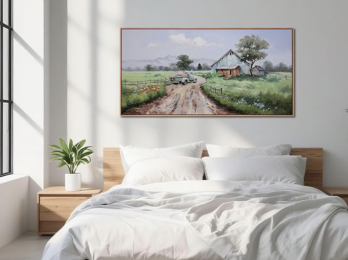 Framed Landscape Wall Art Canvas, Nature Painting Art Wall Decor for Living Room Farmhouse Picture Textured Large Farm Barn Artwork for Bedroom Home Office 48"x24"