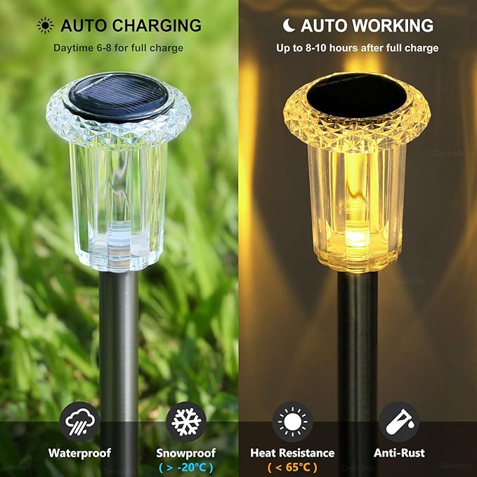DenicMic Solar Lights Outdoor 10 Pack Waterproof Christmas Lights Outdoor 3000K Warm White LED Stainless Steel Stake for Landscape Lighting Path Walkway Sidewalk Backyard Patio Decor
