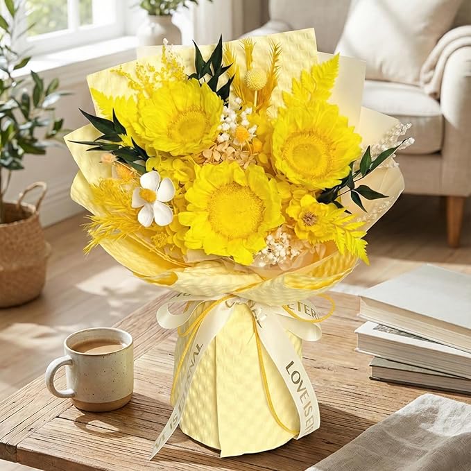 Vaanshie Yellow Preserved Sunflower Bouquet – Long Lasting Eternal Flowers Gift for Her, Valentine’s Day, Birthday, Anniversary & Bright Home Décor