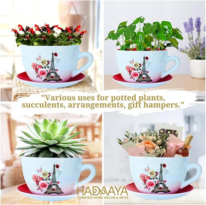 7.5" Ceramic Teacup Planter Pot with Saucer | Ideal for Succulents, Orchids, Herbs & Flowers | Indoor & Outdoor Use for Wedding & Home Decor & More - RED - Paris Eiffel Tower