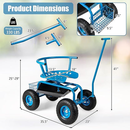 Goplus Rolling Garden Seat with Wheels, Outdoor Garden Cart with 360° Swivel Seat & Tool Storage, 2 Steering Handles, Gardening Stool Wagon Scooter, Lawn, Patio Gardening Workseat for Seniors
