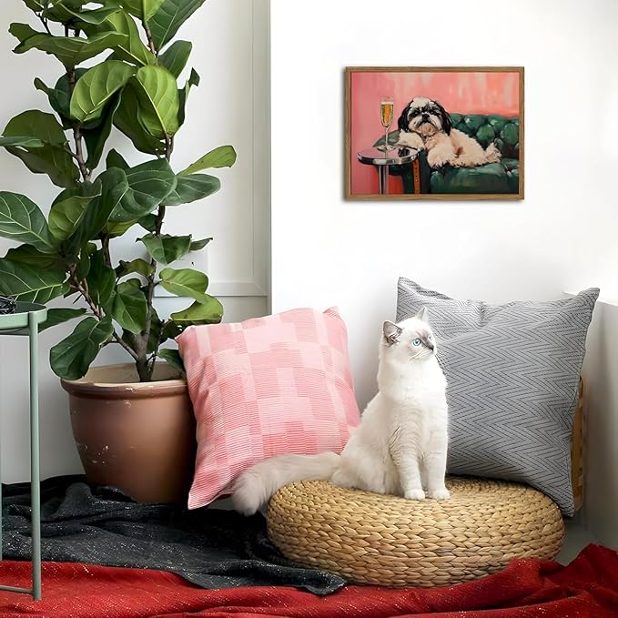 Funny Dog Wall Art, Cute Animal On Couch Bar Cart Pictures Wall Decor Paintings, Eclectic Dog with Cocktail Canvas Prints, for Living Room Dining Room Bedroom 16x24 inch Wood Framed