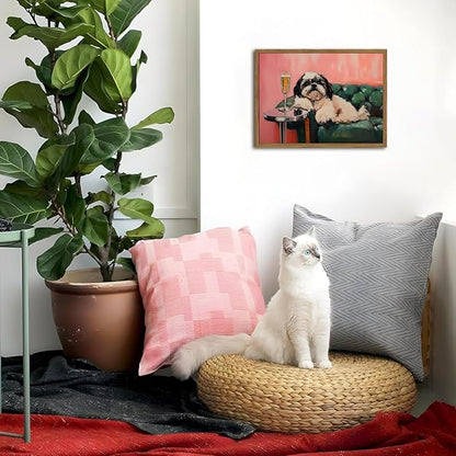 Funny Dog Wall Art, Cute Animal On Couch Bar Cart Pictures Wall Decor Paintings, Eclectic Dog with Cocktail Canvas Prints, for Living Room Dining Room Bedroom 16x24 inch Wood Framed