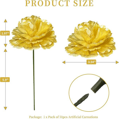 Silk Carnation Flower, 50 Artificial Flowers, Used for Wedding Decoration DIY Handmade Flowers, Carnation Flower Diameter 3.5 Inches and 6 Inches Stem (Gold)