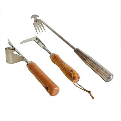 3 Pack Weed Remover Tool for Garden Patio, Manual Hand Weeder Tool, Crack Weeder Crevice Weeding Tool, 4 Teeth Weed Puller, Manual Tool for Lawn and Garden (Wood Color)
