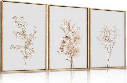 Ausril Wildflower Floral Framed Canvas Wall Art Set, Beige Botanical Wall Decor, Minimalist Nature Flower Wall Painting, Modern Boho Farmhouse Art Print for Living Room, Bedroom, Office- 16"x24"x3