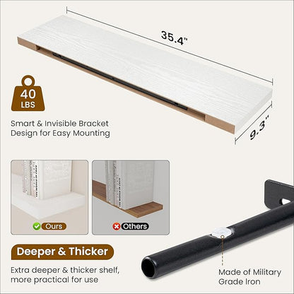 Fun Memories 36 Inch Floating Shelves, 9.3 Inch Deep Rustic Wall Shelves - Extra Deeper Wall Mounted Storage Shelves for Bathroom, Kitchen, Living Room (White, Set of 2)