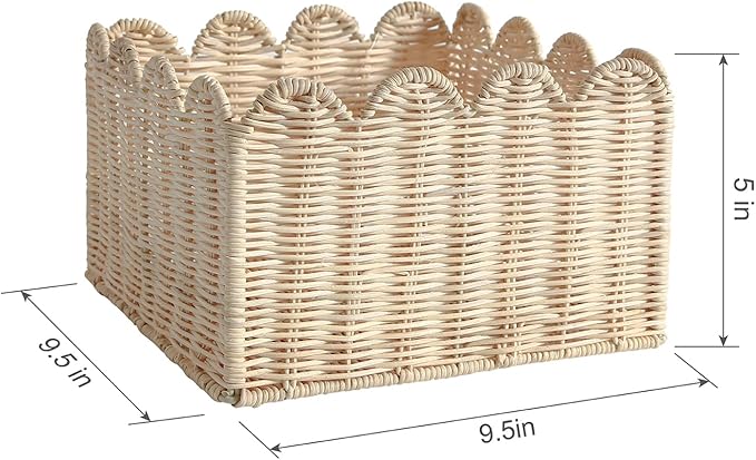 Scalloped Edge Basket, Wicker Storage Baskets, Hand Woven Baskets for Shelves,Natural Baskets for Organizing (S+M-Rattan)