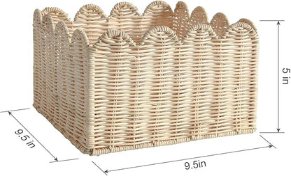 Scalloped Edge Basket, Wicker Storage Baskets, Hand Woven Baskets for Shelves,Natural Baskets for Organizing (S+M-Rattan)