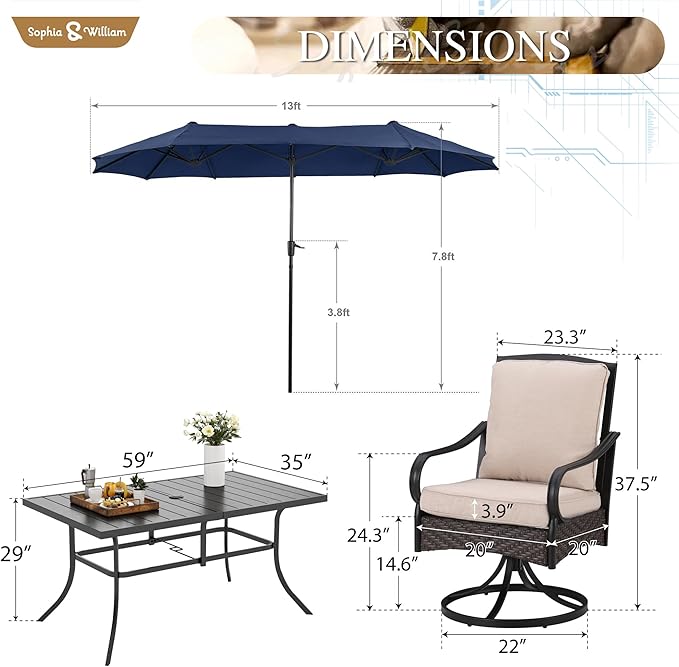 Sophia & William Patio Table and Chairs Set with Umbrella 8 Piece Outdoor Dining Set for 6 with 13ft Double-Sided Patio Navy Umbrella, 6 x Swivel Patio Chairs, 1 Metal Table for Lawn Garden