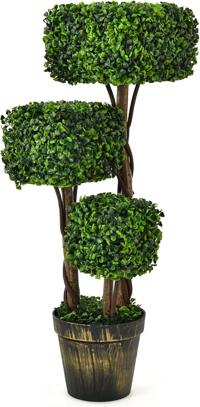 Goplus 36” Artificial Triple Square Shaped Boxwood Topiary Tree W/Cement-Filled Plastic Pot, Fake Plant Faux Greenery Plant Indoor & Outdoor Decoration for Home, Office, Garden, Patio, Entrance