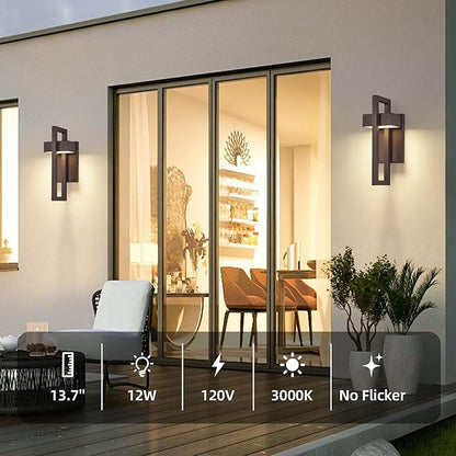 tewei Modern LED Outdoor Wall Sconce Brown Outdoor Lights for House, 13.7'' LED Exterior Lighting Fixtures Outside Wall Mount Lights for Front Porch Hallway, Warm White 3000K, 1 Pack