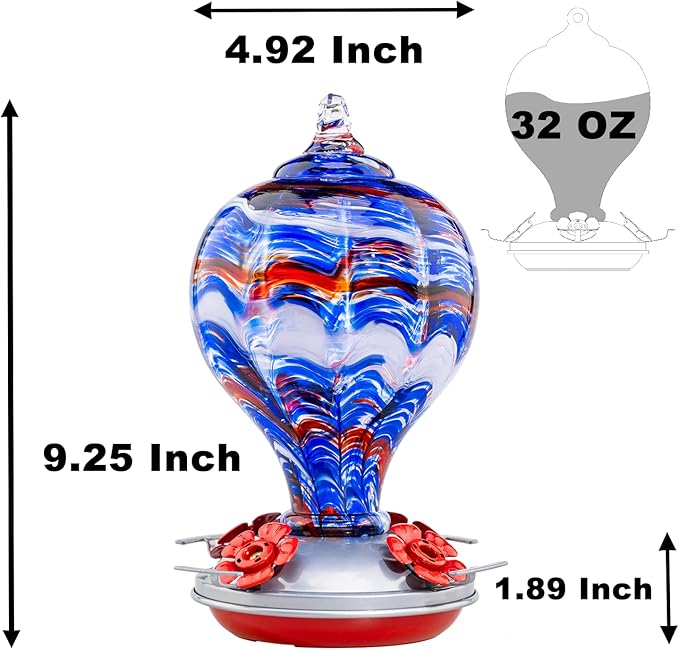 Muse Garden 32OZ Hummingbird Feeders Blown Glass Hummingbird Feeder, Garden Backyard Decor for Outside, Navy Blue