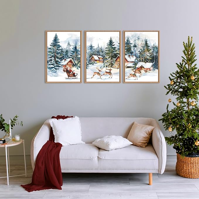 Ausril Christmas Santa Sleigh Deer Framed Canvas Wall Art Set, Reindeer Design Decor, Winter Snow Forest Tree Wall Painting, Christmas Art Print for Living Room, Bedroom, Office 24"x36"x3