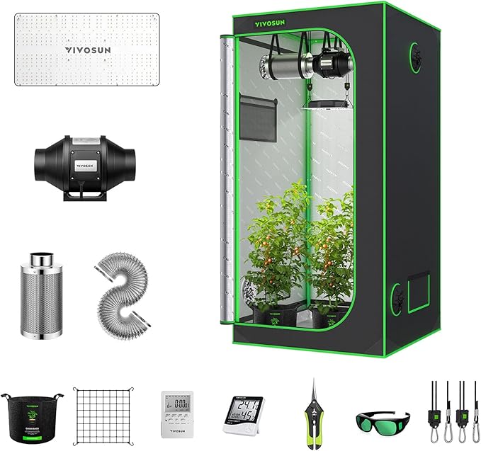 VIVOSUN GIY 3x3 Grow Tent Kit Complete Plant Grow System with 200W LED Grow Light VS2000, 4-inch Inline Fan Package,Temperature Humidity Monitor, Netting, Grow Bags, Pruning Shear & Timer