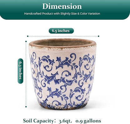 Vintage Ceramic Planter Without Drainage Hole, 6.5 Inch - Indoor/Outdoor Flower Pot for Orchids, Succulents, Blue Floral Rustic Farmhouse Plant Pot for Home, Office & Garden Décor, Ideal Gift