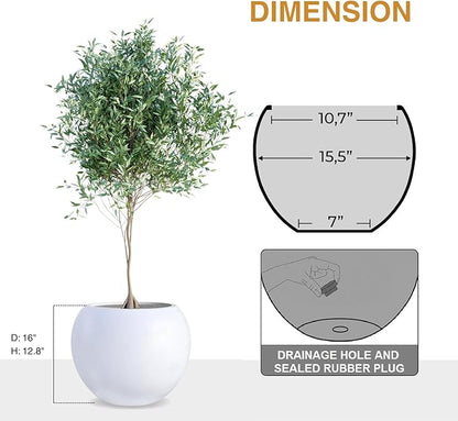 12.8" H x 16" D Globo Fiberstone Round Planter with Drainage Hole, Smooth Finishes, Weather Resistant for Indoor and Outdoor Use, Included 2 Extra Coco Mats (White, 10.7" Pot Opening)