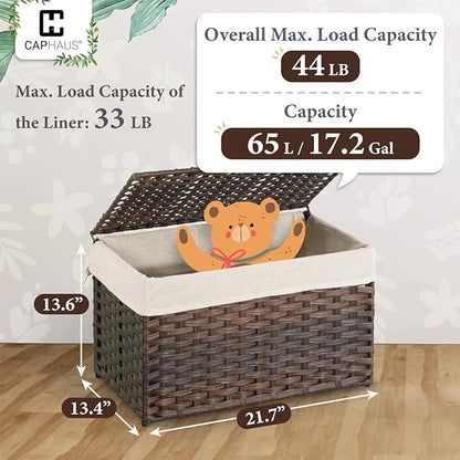 CAPHAUS Laundry Basket w/Lid, Synthetic Rattan Laundry Hamper w/Lid and Handles, 2 Removable Liner Bags, Foldable Clothes Hamper for Laundry, Large Storage Basket w/Lid, 65L, Brown