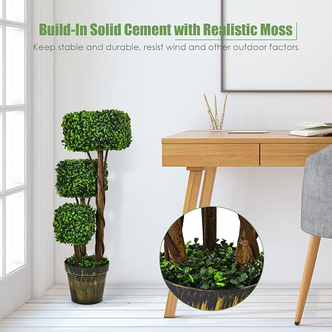 Goplus 36” Artificial Triple Square Shaped Boxwood Topiary Tree W/Cement-Filled Plastic Pot, Fake Plant Faux Greenery Plant Indoor & Outdoor Decoration for Home, Office, Garden, Patio, Entrance