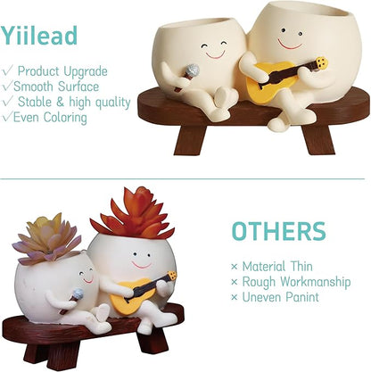 Smiley Face Planter Pot,Unique Double Head Guitar Singing Planter,with Drainage Hole Resin Cute Plant Pot,for Indoor Outdoor Plants