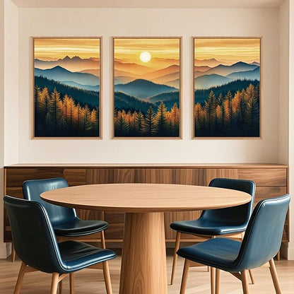Large Boho Sunrise Mountain Framed Canvas Wall Art,Abstract Nature Forest Wall Decor,Foggy Pine Tree Painting,Retro Landscape Artwork for Living Room,Bedroom,Dining Room,Office -16"x24"x3