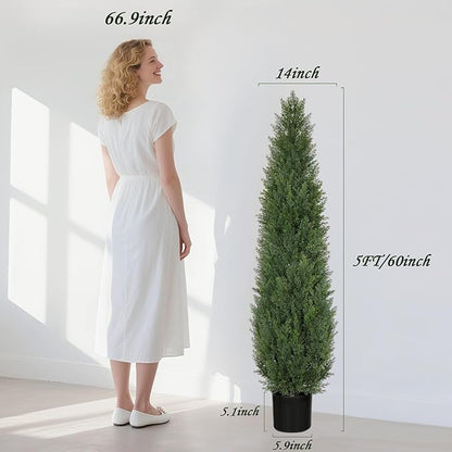Artificial Cedar Topiary Trees 5 FT Faux Cedar Tree for Outdoor Planters Evergreen Plant, 60 inch UV Rated and Lush Fake Cypress Tree Shrubs for Gateway Front Door Porch Patio Garden, Set of 2