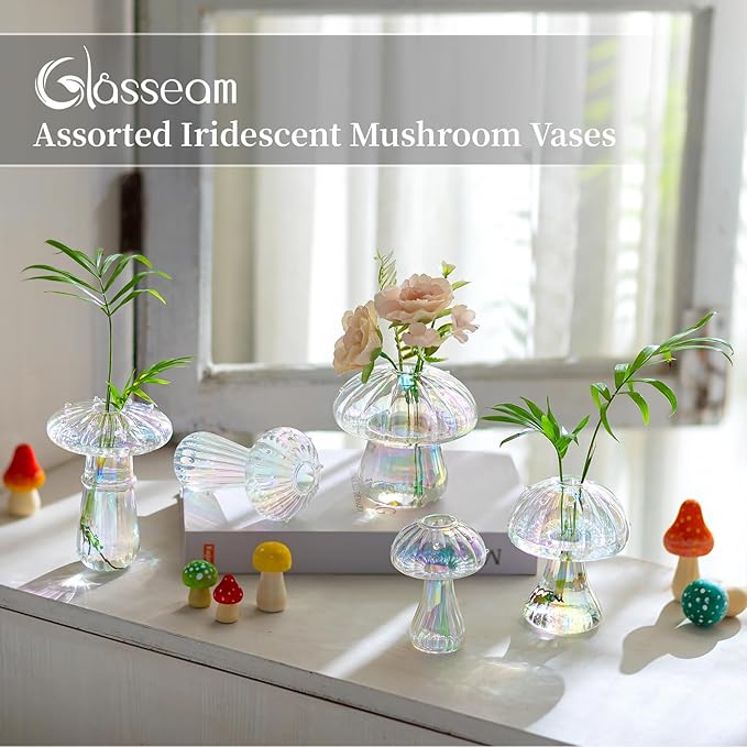 Glasseam Mushroom Propagation Stations for Plants: Iridescent Propagation Vase of 5 Glass Hydroponic Jars for Home Room Window Table - Unique Mushroom Decor Gifts for Plant Lovers