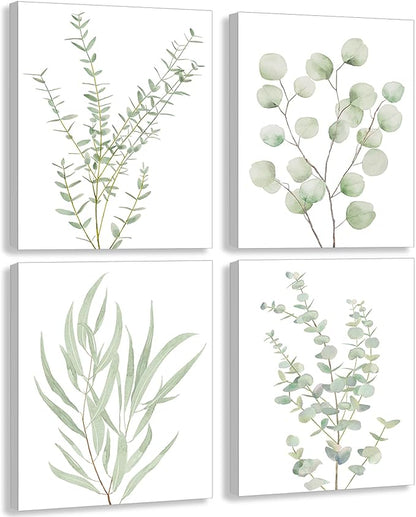Erctoo Botanical Plant Canvas Wall Art, Framed Boho Wall Decor for Bathroom, Minimalist Aesthetic Bedroom Wall Art, Sage Green Eucalyptus Leaf Prints for Office, Set of 4PCS, 8”X10”