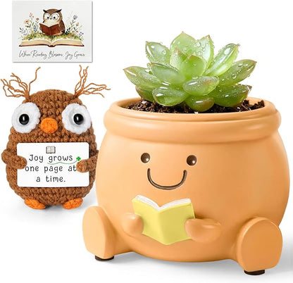 Book Lover Gift Set - Cute Reading Planter Pot with Positive Crochet Owl & Quote Card, Cozy Desk Decor for Teachers, Librarians, Women, Colleague, Friends