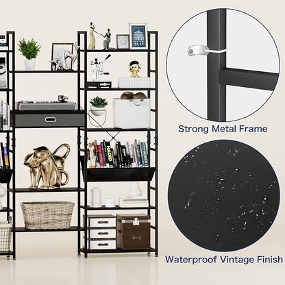 NUMENN Triple Wide 6 Tier Bookshelf, Adjustable Rustic Industrial Style Book Shelves, Modern Bookcases and Bookshelves Furniture for Bedroom, Living Room and Home Office, Black