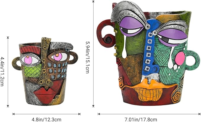 Abstract Face Planters Pots - Whimsical Hand-Painted Ceramic Face Pot for Succulents, Unique Planters for Indoor Garden Decor, Artistic Home & Office Desk Decoration（1small& 1 Big）