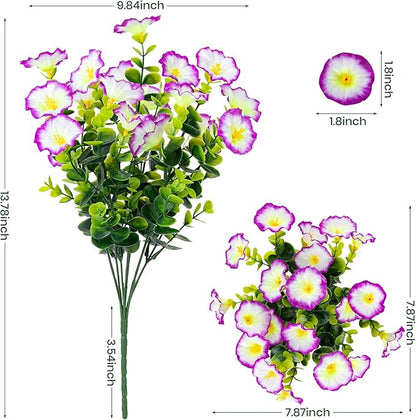 Artificial Faux Flowers for Outdoor 16 Bundles Boxwood Fake Morning Glory for Planter,UV Resistant Fake Flowers for Home Porch Patio Outside（Purple/White）