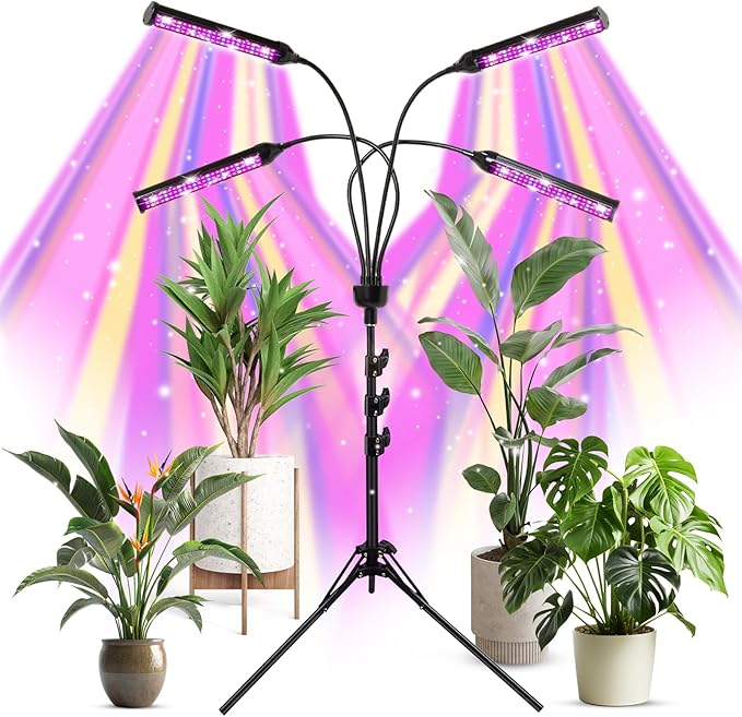 LED Grow Lights for Indoor Plants, 432 LEDs Red Blue White Full Spectrum Plant Lights for Indoor Growing with 15-63 inches Adjustable Tripod Stand, 4 Heads Grow Lamp with 4/8/12H Auto On/Off Timer