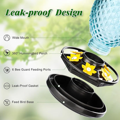 Glass Hummingbird Feeders for Outdoors Hanging Ant and Bee Proof 16OZ 2 Pack Blue Pineapple Humming Bird Feeder with 6 Feeding Ports and Ant Moat Hummingbird Gifts for Women Garden Decor