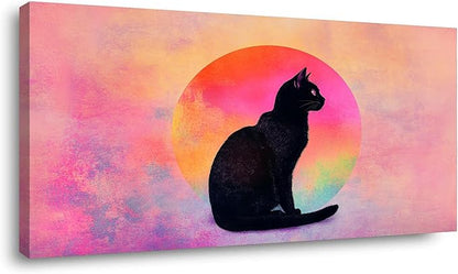 Black Cat Canvas Wall Art - Pink & Purple Sunset Landscape Painting with Silhouette Cat, Cute Retro Cartoon Cat Poster Painting Abstract Animal Wall Décor for Living Room Kid's Girls Bedroom Nursery Ready to Hang (16x32 Inches)