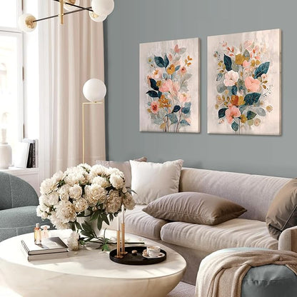 RUMSICH 2 Pcs Watercolor Floral Canvas Wall Art Colorful Wildflowers Print Posters Bohemian Botanical Wall Decor Modern Minimalist Flower Paintings Artwork Pictures Living Room Bedroom 12x16 Inch