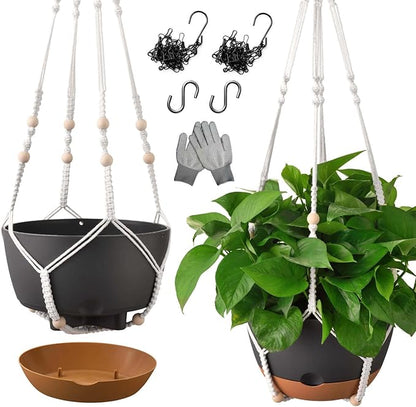 10 Inch Hanging Planters for Indoor Plants,Set of 2 Hanging Pots for Plants with Self-Watering, Outdoor Hanging Plant Pot with Drainage and 2 Kinds of Hanging Baskets Hangers for Home Decor and Garden